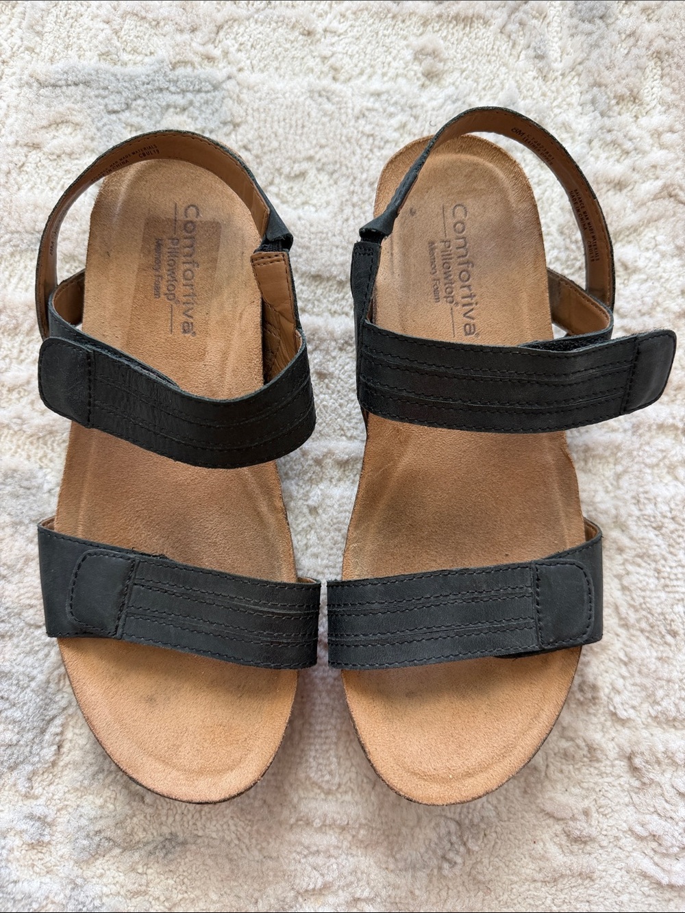 Comfortiva Black Strappy Leather Sandals with Adjustable Velcro